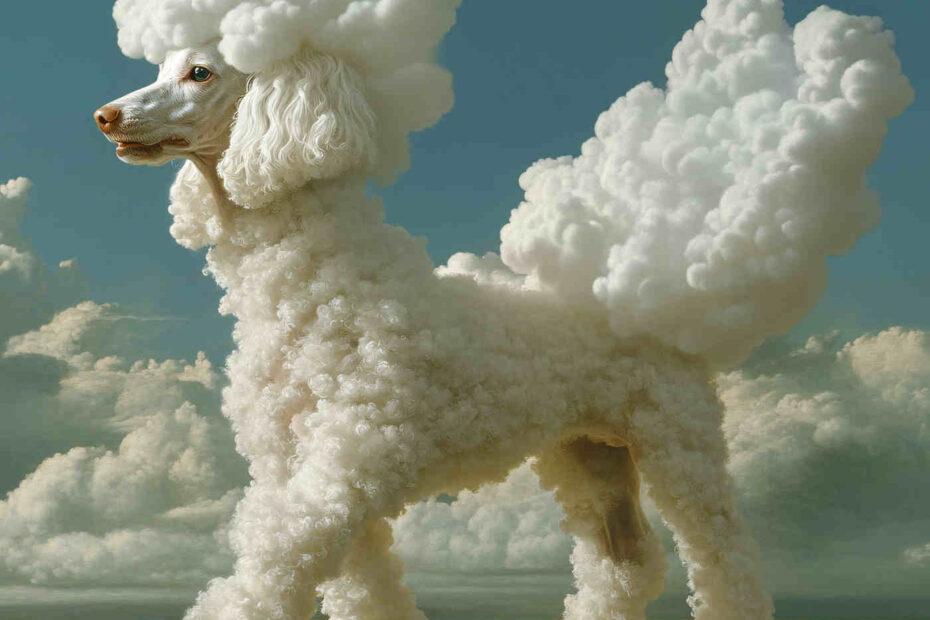 AI-generated image of a poodle with billowing white fur against a sky with billowing white clouds